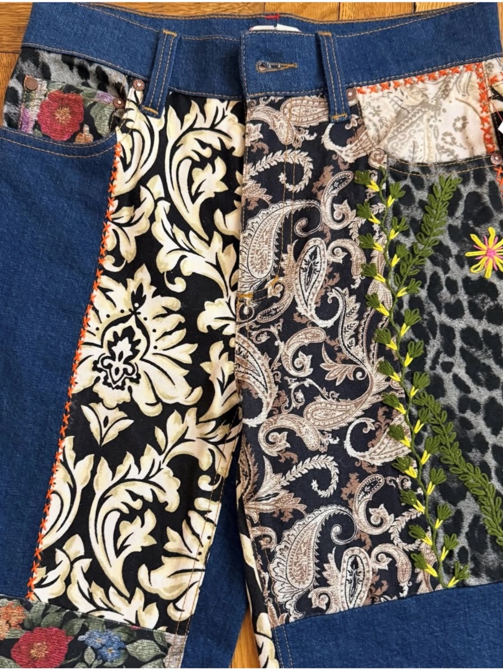 Alice + Olivia Multicolor Patchwork Flare Jeans - Blue, Black, Floral - Picture 7 of 13